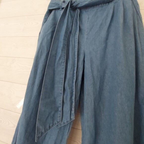 Draper James Jeans Size 8 Wide Leg Chambray Pants Tie Waist Medium Trouser Short - Picture 6 of 10